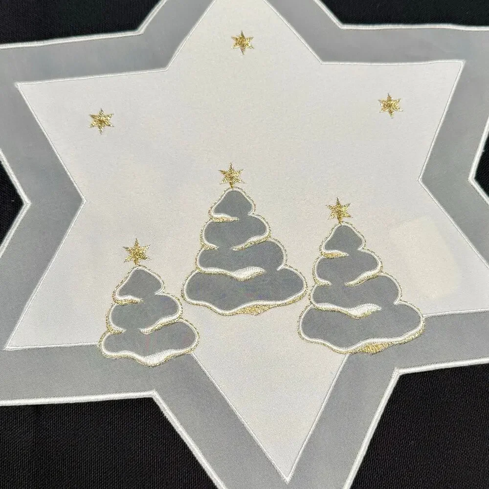 Set 2 German Embroidered Christmas Table Mats 15” Star Shaped Trees Gold Thread